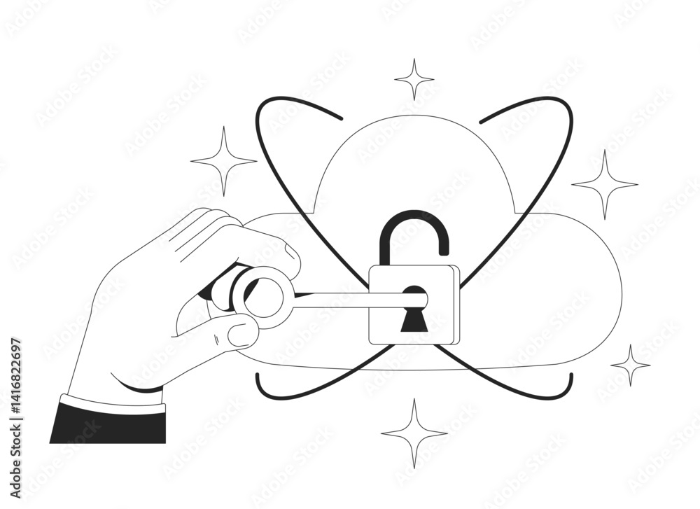 Poster keeping data safe on cloud encryption line illustration concept. access management, cybersecurity. s