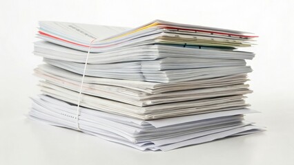 Large stack of assorted paper tests organized neatly on a white background for educational evaluation