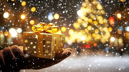 Festive gift held in hand during a snowy winter night.