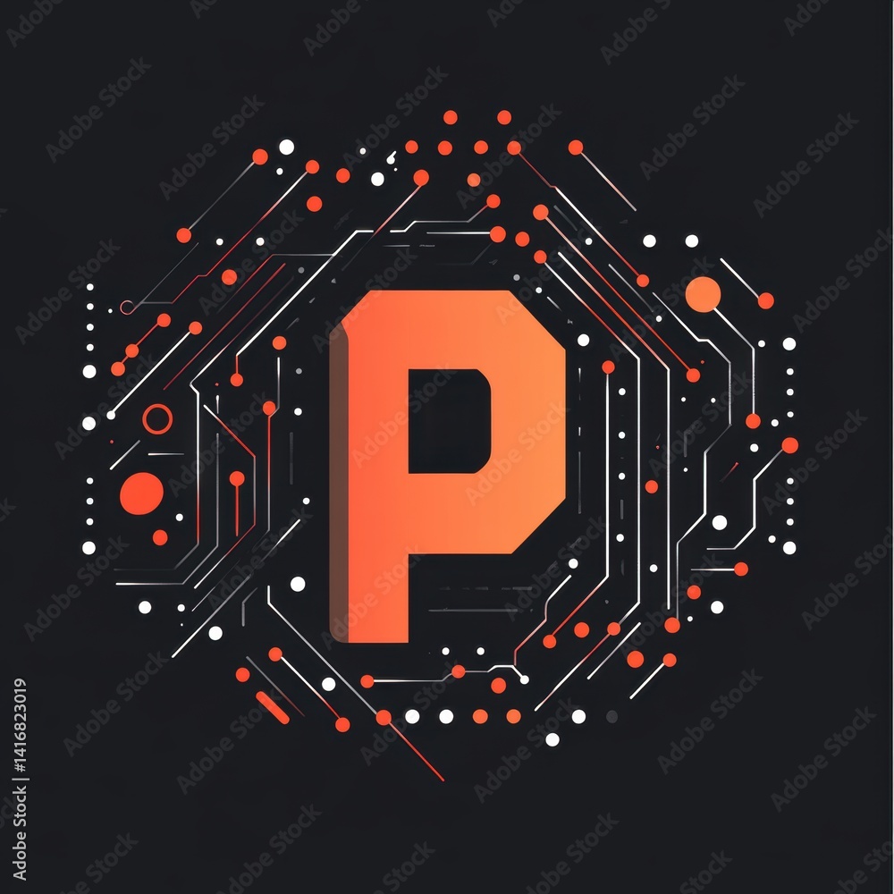 Poster orange letter p with circuit board pattern on dark background for tech innovation concepts