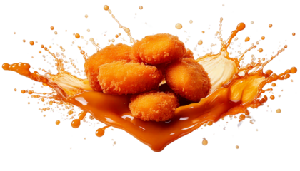 Chicken nuggets sauce splash Isolated on solid white Background Png.