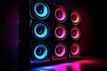 A striking design of sound speakers illuminated by neon lights against a black backdrop.