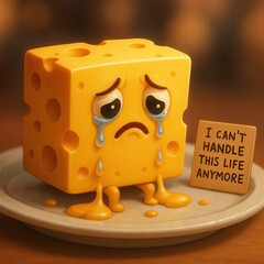A sad cartoon cheese block cries on a plate beside a sign reading "I can't handle this life anymore," illustrating food depression
