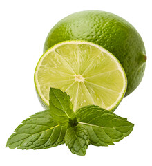 Lime and slice of lime with green mint leaf, isolated on transparent background, cutout, png.