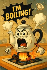 A boiling teapot cartoon character screams in fury while standing on a gas stove, steam and chaos surrounding the kitchen scene