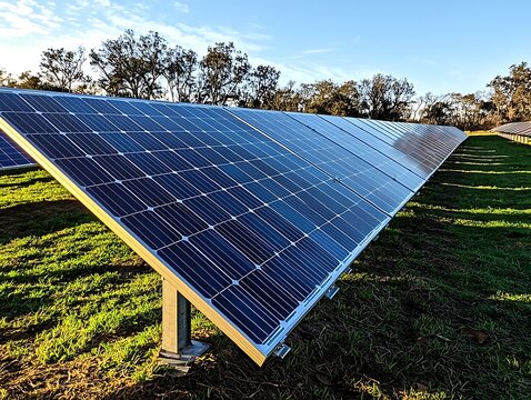 Rows of solar panels positioned on metal supports in a field.