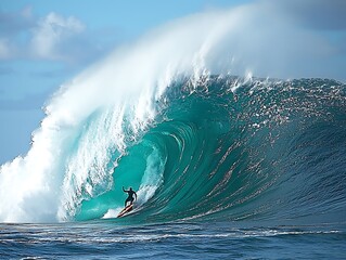 Powerful surfer rides a colossal wave.