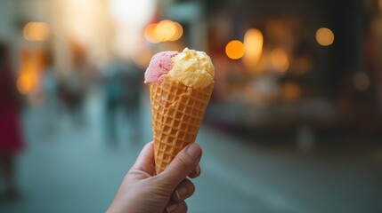 A person holding ice cream. On a blurred background.