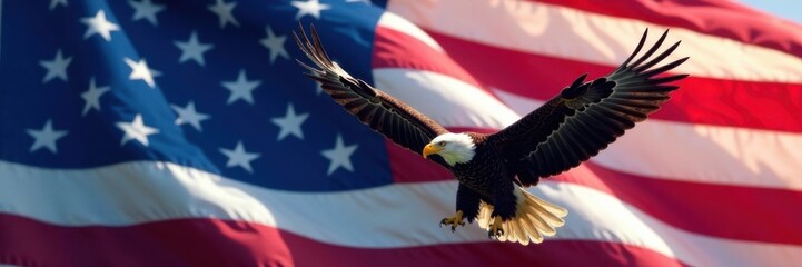 Naklejka premium Eagle soars against vibrant blue American flag, symbolizing freedom and strength, wings, USA, patriotic