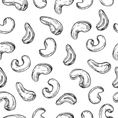 Cashew nuts hand drawn vector seamless pattern. Black and white background with cashew seeds. Element for label design