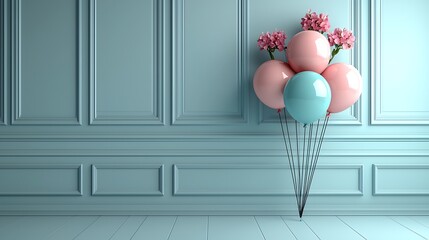 Pastel Balloons Pink Blue Flowers Minimalist Background