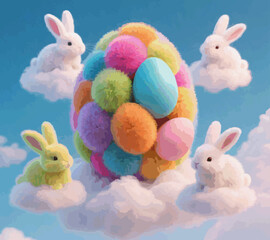 abstract illustration of eggs and rabbits of colorful fluffy fur on clouds concept idea Easter day
