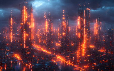 Obraz premium Futuristic glowing digital cityscape with neon orange and red illuminated high-tech buildings 