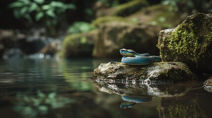 Obraz premium Blue snake resting on a rock near a calm stream
