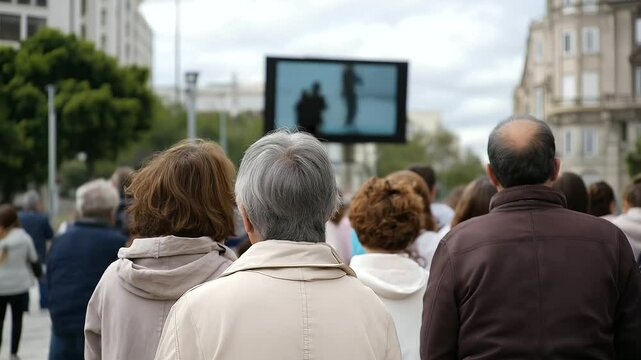 Crowd Watching a State Broadcast on a Public Screen in a Square