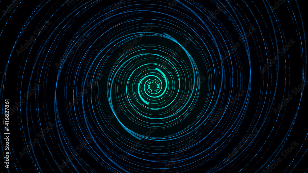 Poster Abstract twisted circle speed tunnel with blue light on black background. Science background with dots and lines moving in a spiral. Wormhole technology. Digital structure with particles. 3d rendering