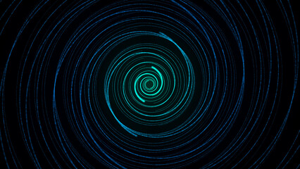 Abstract twisted circle speed tunnel with blue light on black background. Science background with dots and lines moving in a spiral. Wormhole technology. Digital structure with particles. 3d rendering