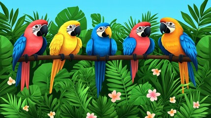 Five vibrant macaws perched on branch amidst pixelated tropical foliage in cheerful wildlife scene evoking digital art and playful nature motifs