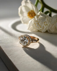 A wedding ring with a sparkling diamond.