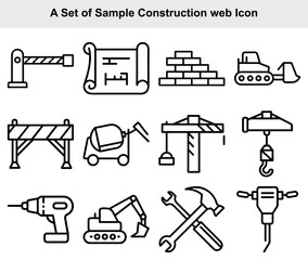 Construction Icon Set; Building Equipment, Crane, Excavator, Tools Outline