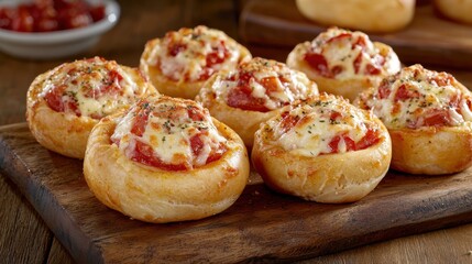 Savory bread rolls, tomato, mozzarella, & herb toppings, displayed on wood