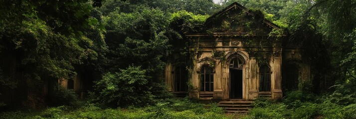 Obraz premium Overgrown architectural relic engulfed by vibrant verdant foliage scene