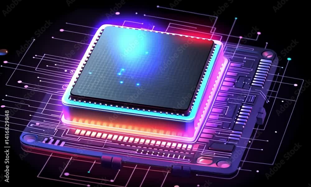 Poster seamless animation of electrical currents glowing in neon colors flowing along a computer chip light
