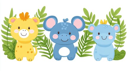 Naklejka premium Animated jungle friends illustration showcasing adorable characters in a leafy setting perfect for childrens book covers or wall art design with vector elements