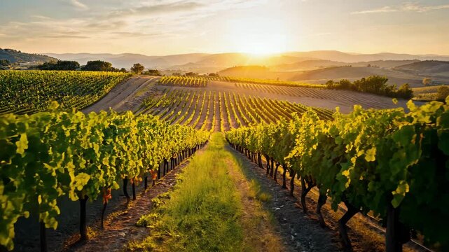 vineyard in the morning. Grape field at sunset