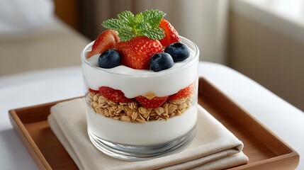Greek yogurt parfait layered with granola & berries in glass under soft natural light