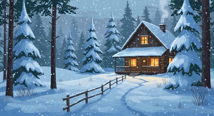 Cozy Winter Log Cabin Surrounded by Tall Snow-Covered Trees