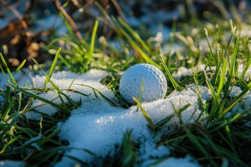 Golf ball nestled in grass and melting snow, highlighting seasonal play and a touch of winter chill on the green. A game for all seasons.