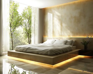 Modern bedroom with elevated platform bed and natural light.