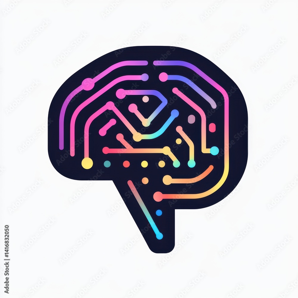 Aufkleber artificial intelligence brain circuit graphic with colorful lines and gradient glow on white backgro