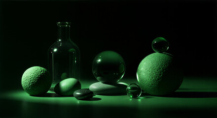 Still life with textures and glass spheres in green light