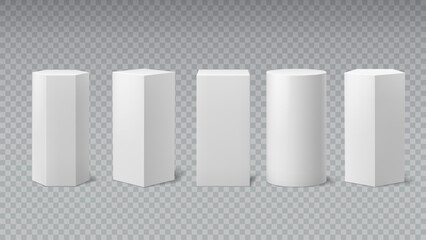White column pedestals and podium stage pillars for product display showcase, vector realistic 3D. White podium or pedestal platforms of square cube, round column and polygon shape stages isolated set