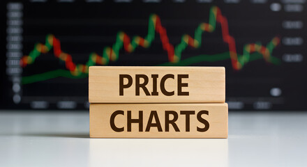 Price Charts on Wooden Blocks Displayed Over Stock Market Graph Background