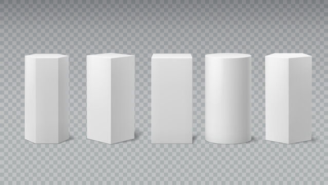 White column pedestals and podium stage pillars for product display showcase, vector realistic 3D. White podium or pedestal platforms of square cube, round column and polygon shape stages isolated set