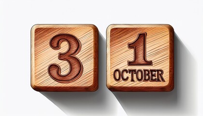 Illustration of wooden blocks with date 31 October. Day and month, simple calendar