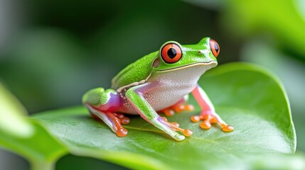 Vibrant red-eyed tree frog on a lush green leaf