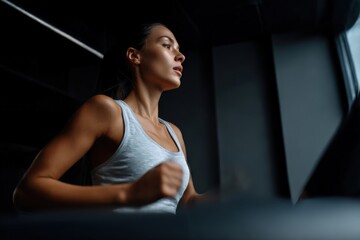 Sportswoman running on treadmill in dark gym interior