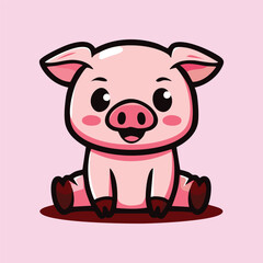 Cute pig cartoon vector mascot sitting simple minimalist flat isolated