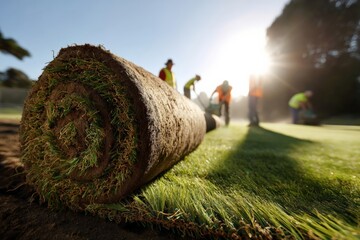 Gardeners laying turf rolls creating a beautiful green lawn in the sun