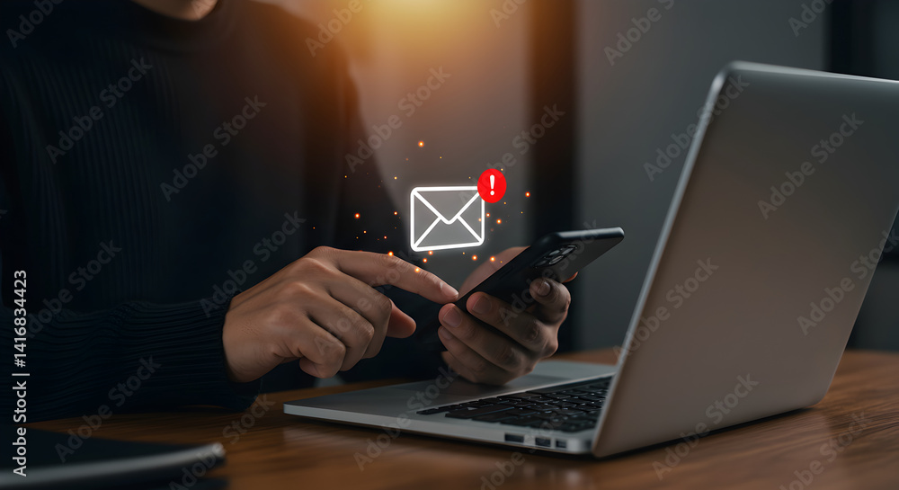 Poster man using smartphone for checking email message with laptop on a wooden desk indoors
