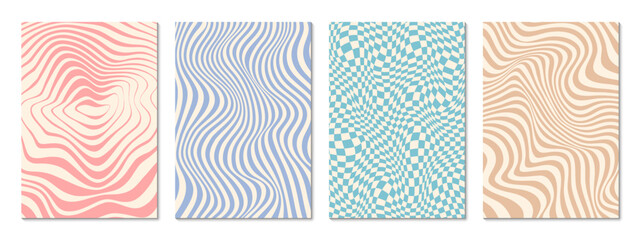 Retro psychedelic groovy pattern background. Vector set of backdrops with wavy and warped textures. Fluid optical illusions and distorted checkers in pastel pink, blue, beige tones with vintage vibe