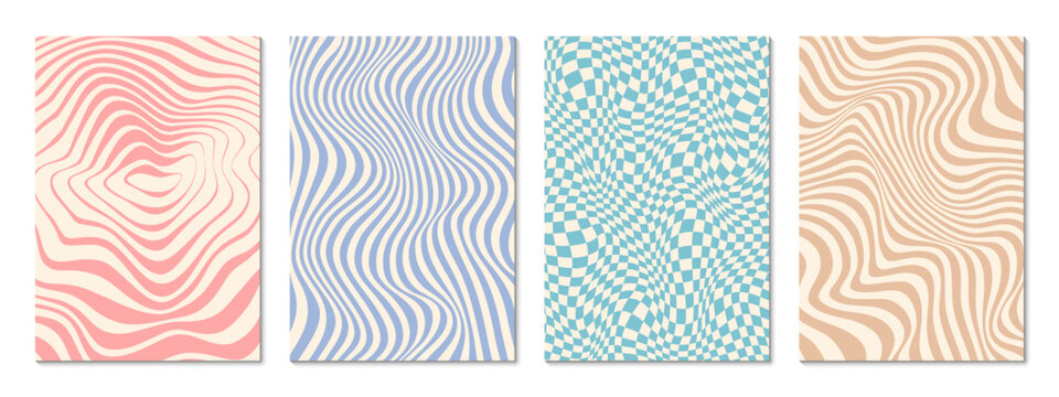 Retro psychedelic groovy pattern background. Vector set of backdrops with wavy and warped textures. Fluid optical illusions and distorted checkers in pastel pink, blue, beige tones with vintage vibe