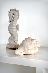 Close-up of white conch shell with blurred seahorse statue in background. Focus on natural curves, textures of shell, evoking calm, coastal feel in monochrome environment.