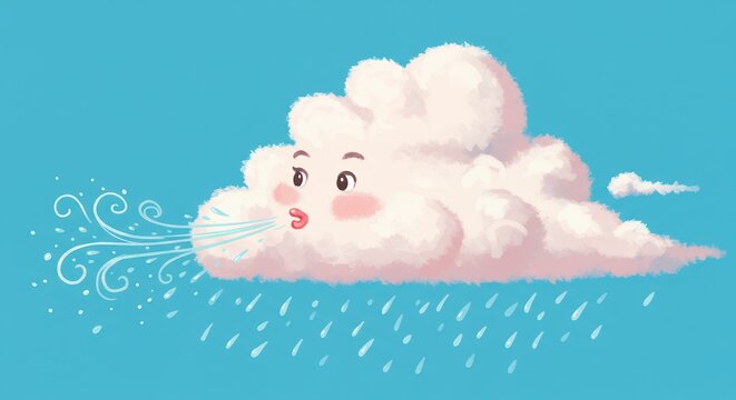 Cute cartoon cloud blowing wind rain illustration