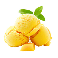 Mango Ice Cream Delight: A visual feast of creamy mango ice cream scoops, enhanced with a hint of fresh green leaves, promising a refreshing treat for any occasion.