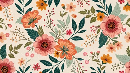Seamless floral pattern with stylized orange, red and pink flowers and green leaves. Botanical surface design. Springtime holidays and textile concept for wallpaper and print